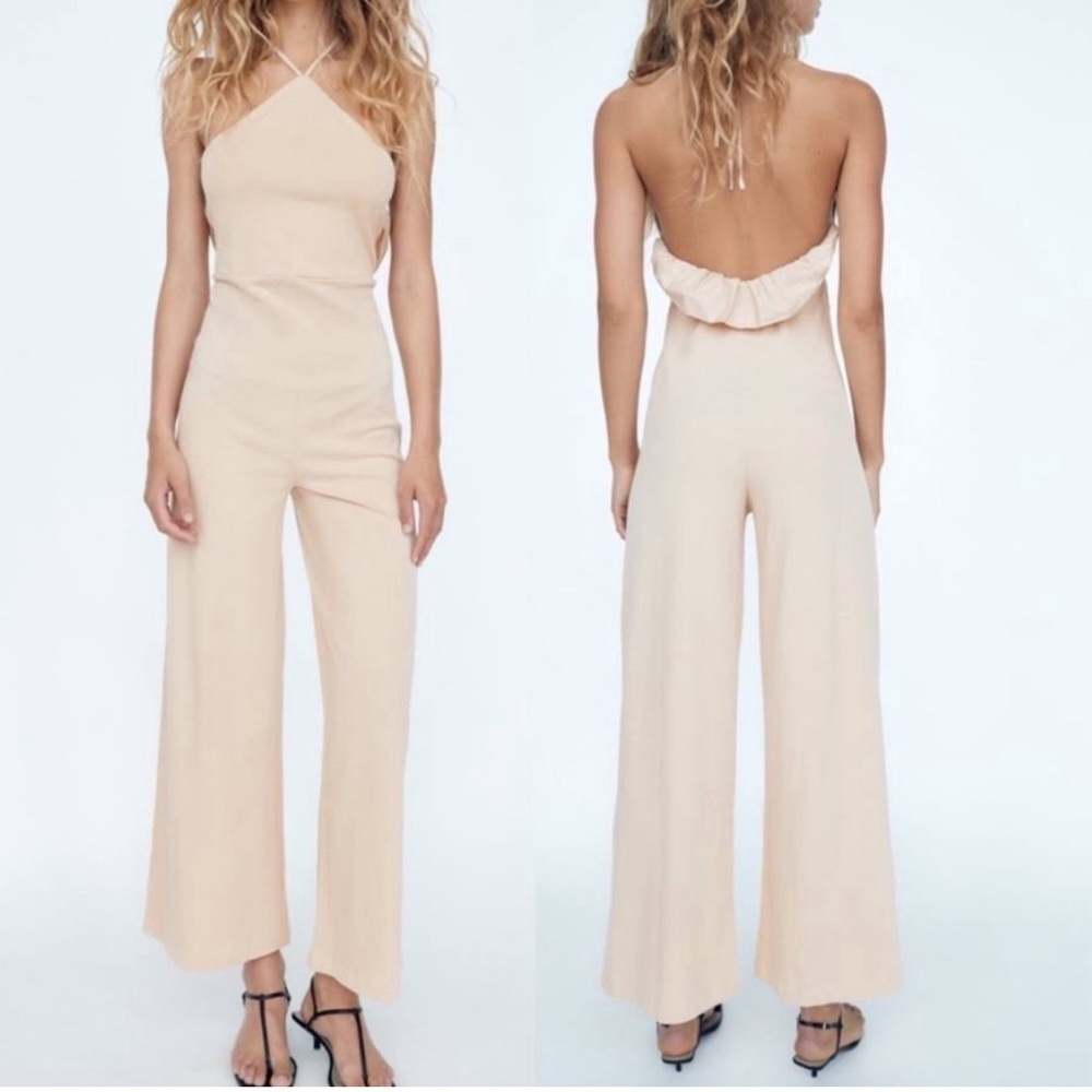 Zara beige cream ruffle frill halter top wide leg jumpsuit 100% cotton S NWOT - Picture 16 of 16